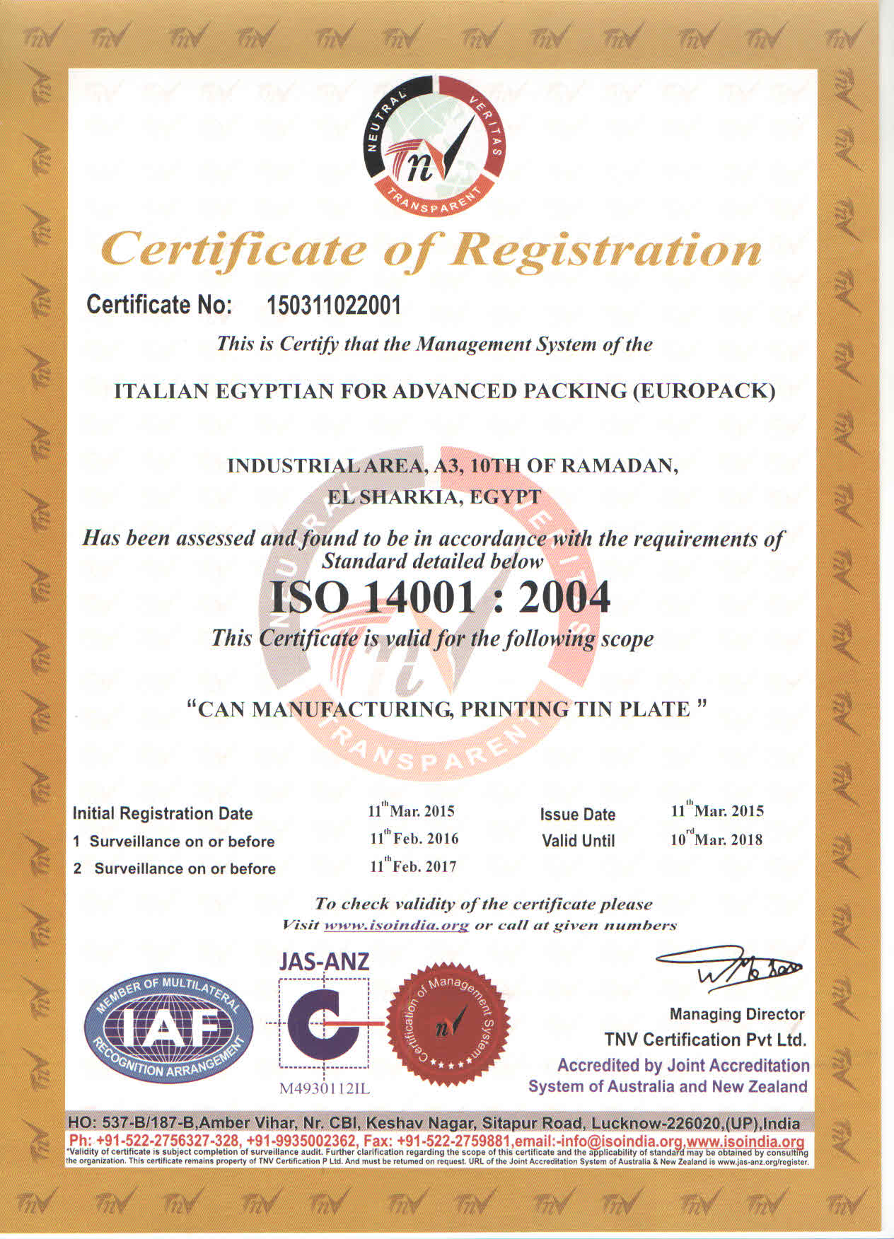 ISO 14001 certificate